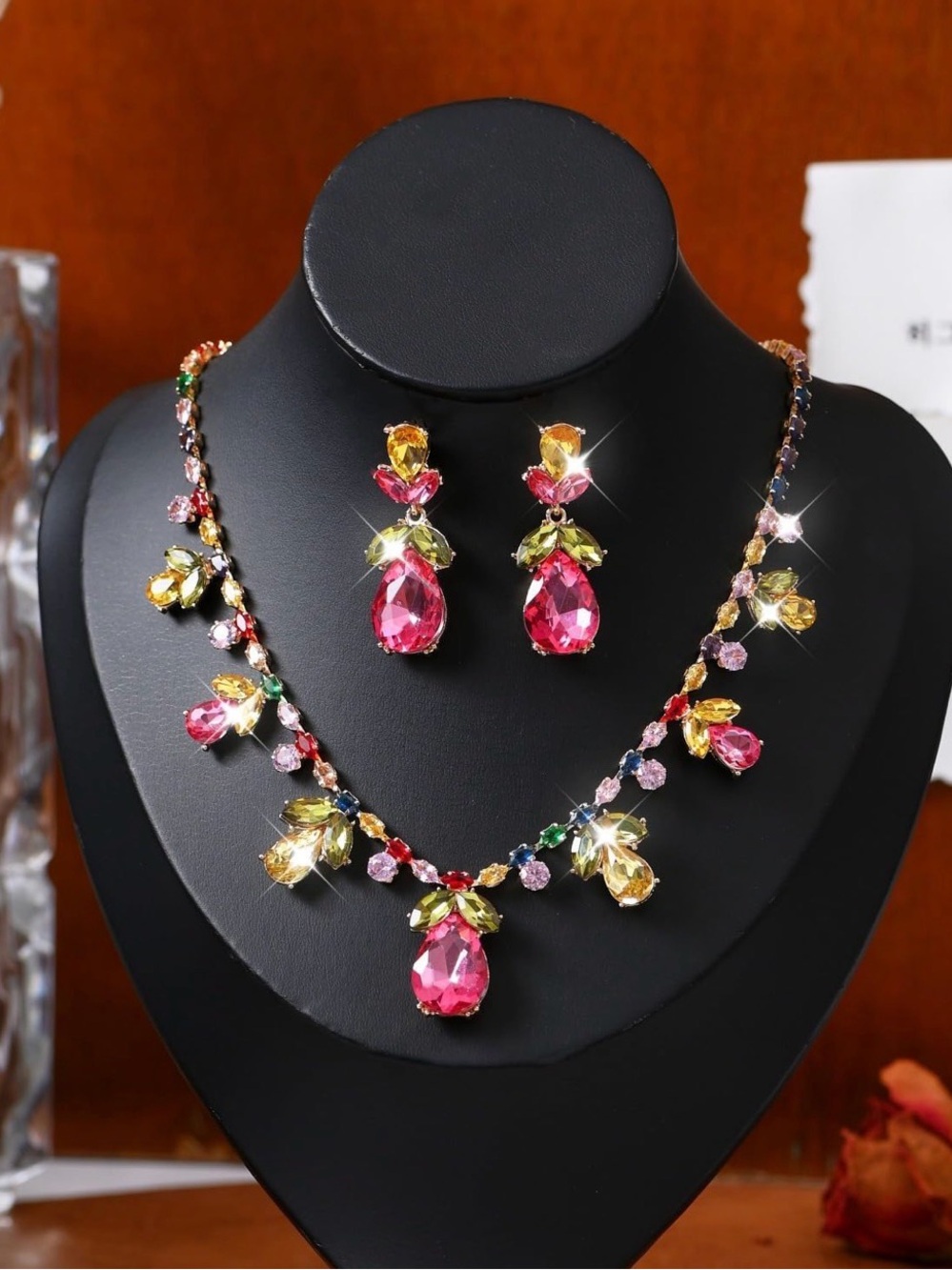 Elegant Pink Multi-Gem Pendant Necklace & Earrings Set
